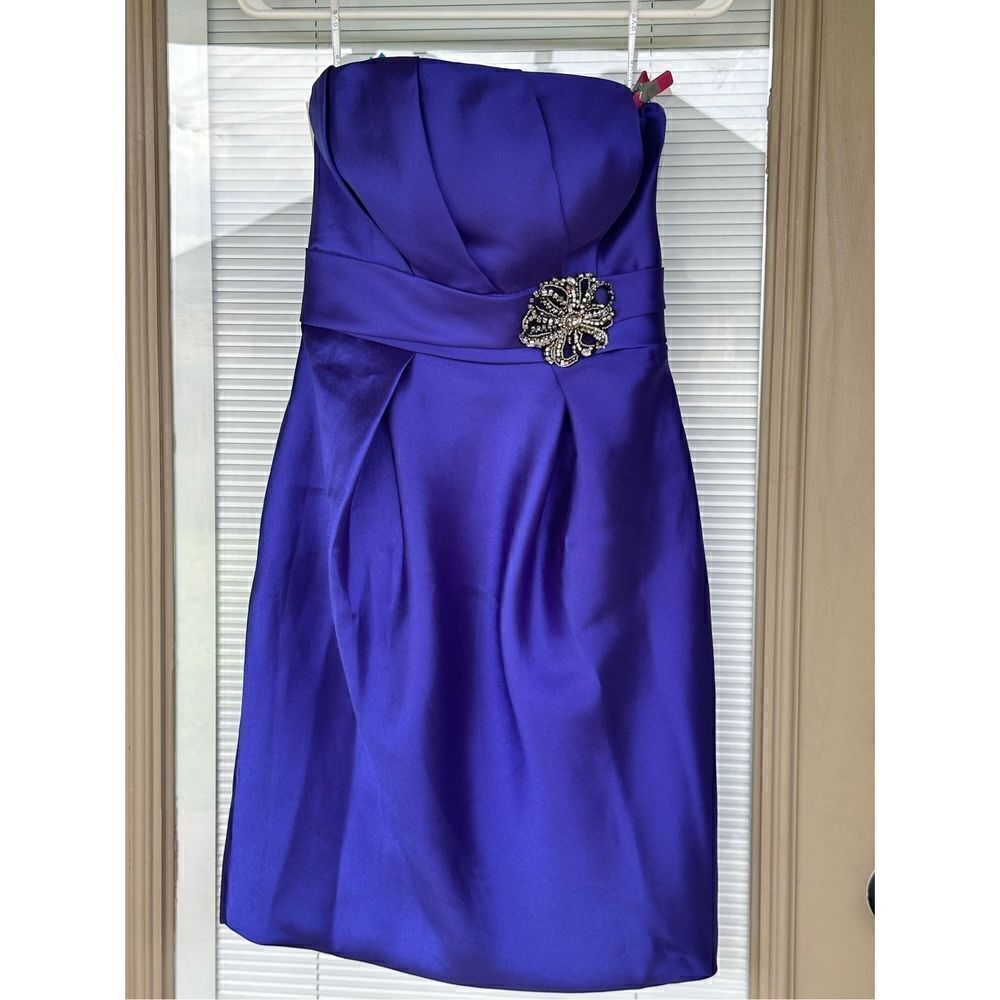 Strapless Royal Blue Cocktail Dress with Beaded Brooch